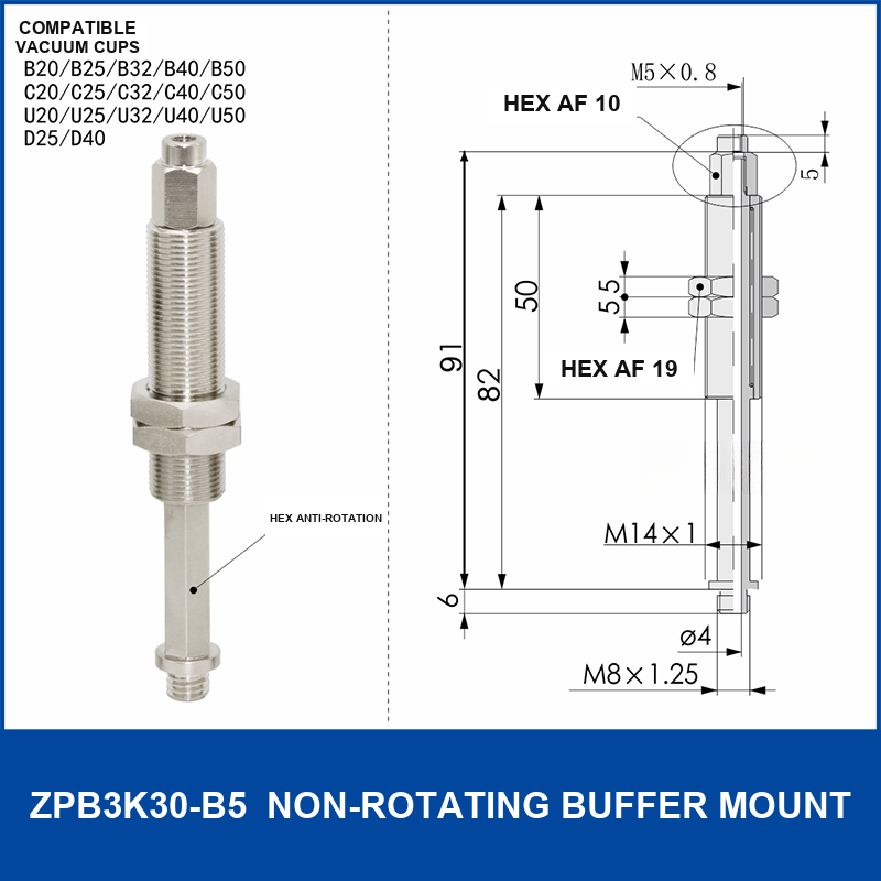 ZPB3K30-B5 non-rotating vacuum cup buffer mount, 30 mm selection, with product view and dimensional drawing
