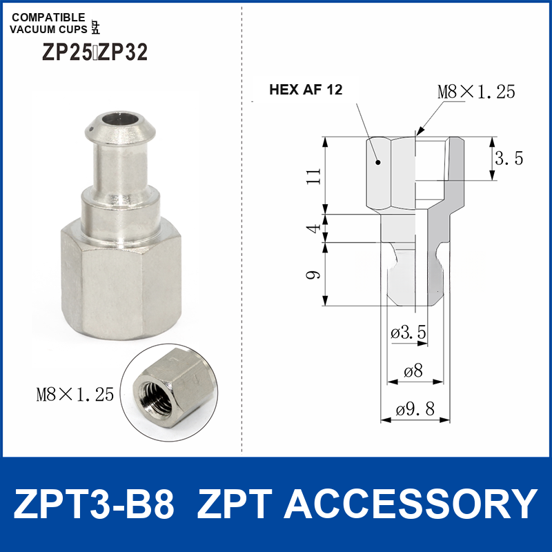 ZPT3-B8 ZPT vacuum cup accessory with product view and dimensional drawing