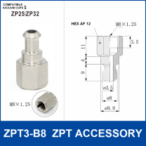 ZPT3-B8 ZPT vacuum cup accessory with product view and dimensional drawing