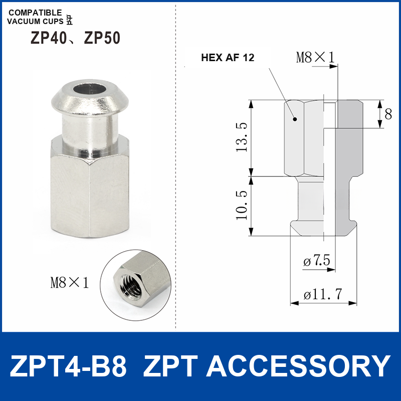 ZPT4-B8 ZPT vacuum cup accessory with product view and dimensional drawing