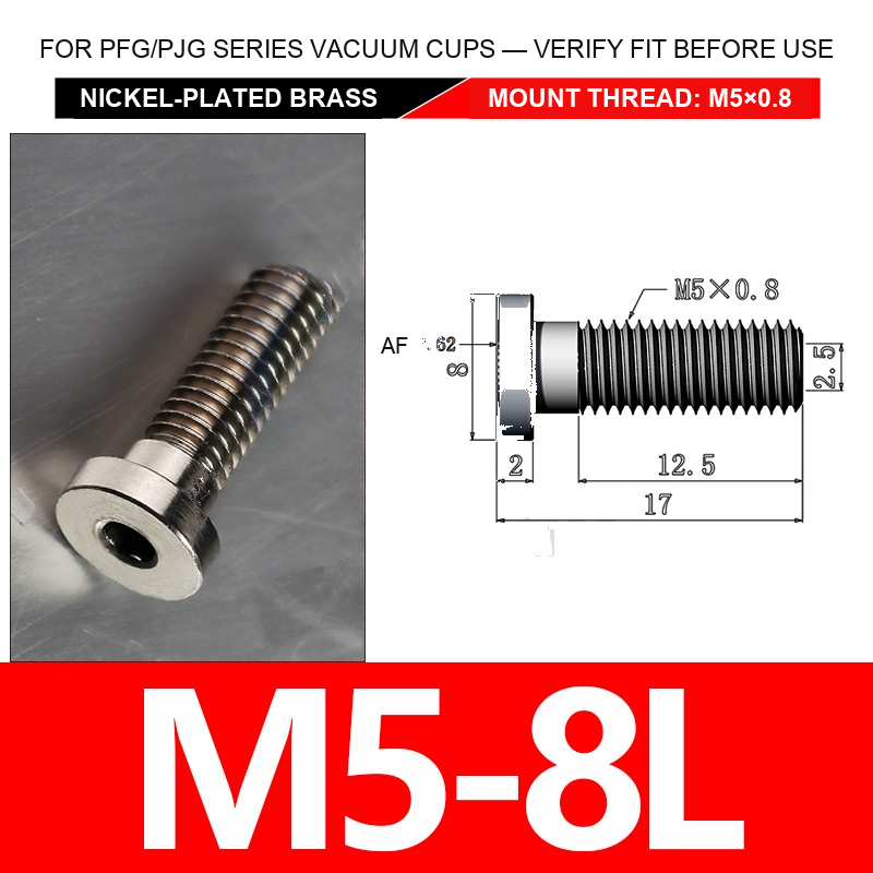 M5-8L nickel-plated brass vacuum cup threaded fitting, M5 mount thread, body code 8L, with technical dimensions
