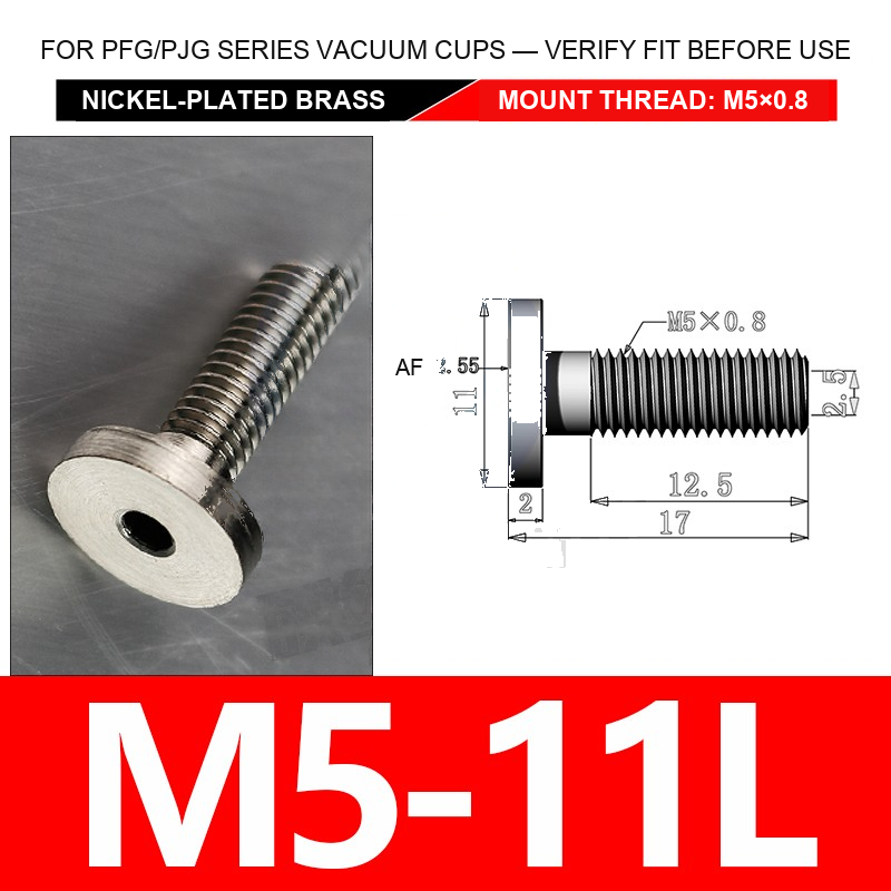 M5-11L nickel-plated brass vacuum cup threaded fitting, M5 mount thread, body code 11L, with technical dimensions