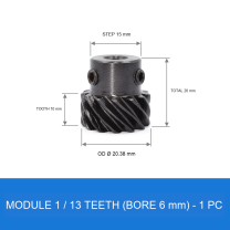 Module 1 / 13T / Bore 6 mm helical gear technical drawing