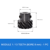 Module 1 / 13T / Bore 8 mm helical gear technical drawing