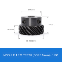 Module 1 / 20T / Bore 6 mm helical gear technical drawing
