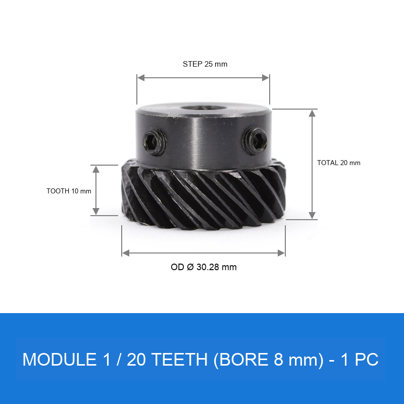 Module 1 / 20T / Bore 8 mm helical gear technical drawing