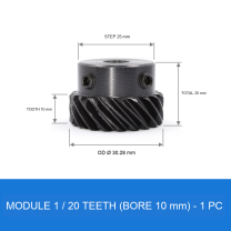 Module 1 / 20T / Bore 10 mm helical gear technical drawing