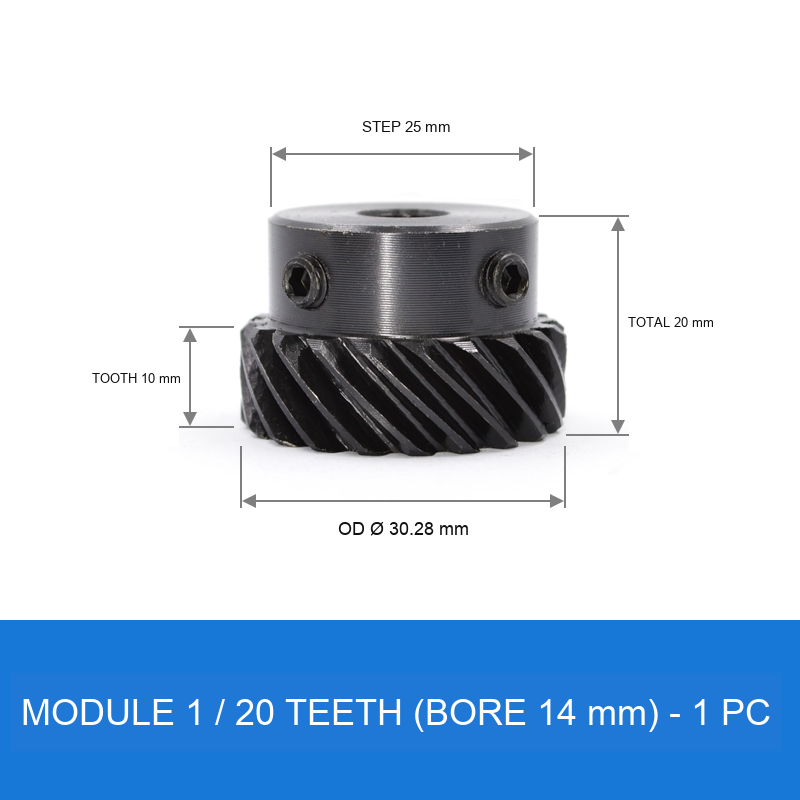 Module 1 / 20T / Bore 14 mm helical gear technical drawing