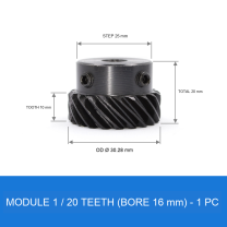 Module 1 / 20T / Bore 16 mm helical gear technical drawing