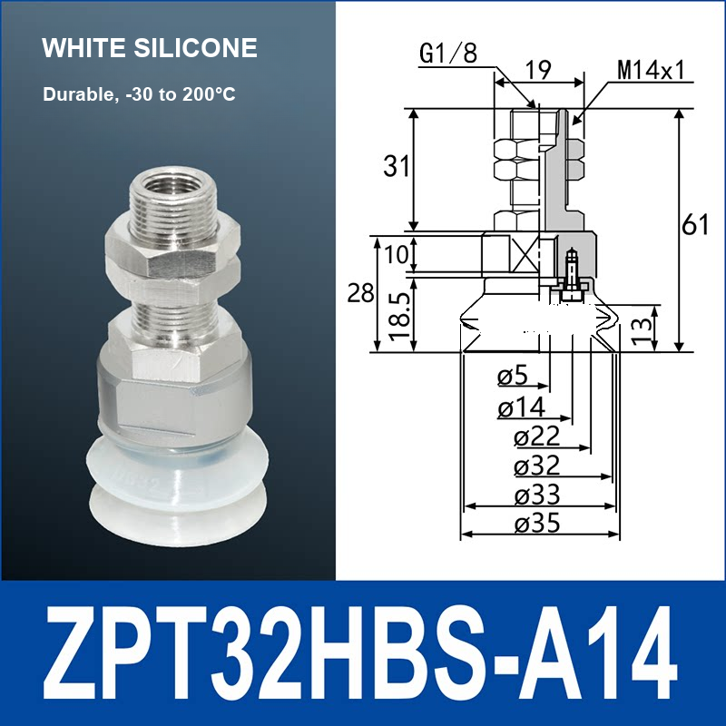 ZPT32HBS-A14 heavy-duty vacuum suction cup with fitting and technical dimensions