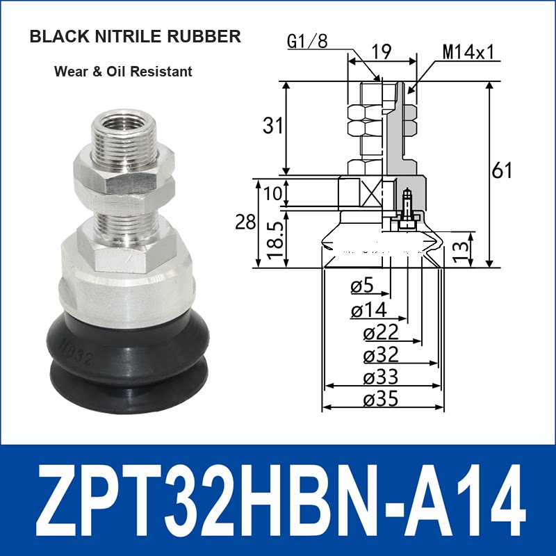 ZPT32HBN-A14 heavy-duty vacuum suction cup with fitting and technical dimensions