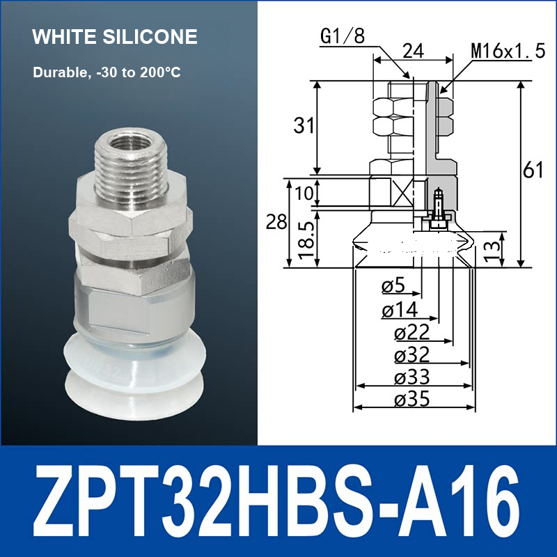 ZPT32HBS-A16 heavy-duty vacuum suction cup with fitting and technical dimensions