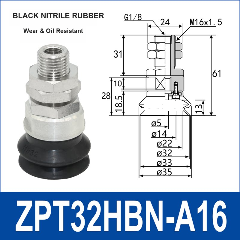 ZPT32HBN-A16 heavy-duty vacuum suction cup with fitting and technical dimensions