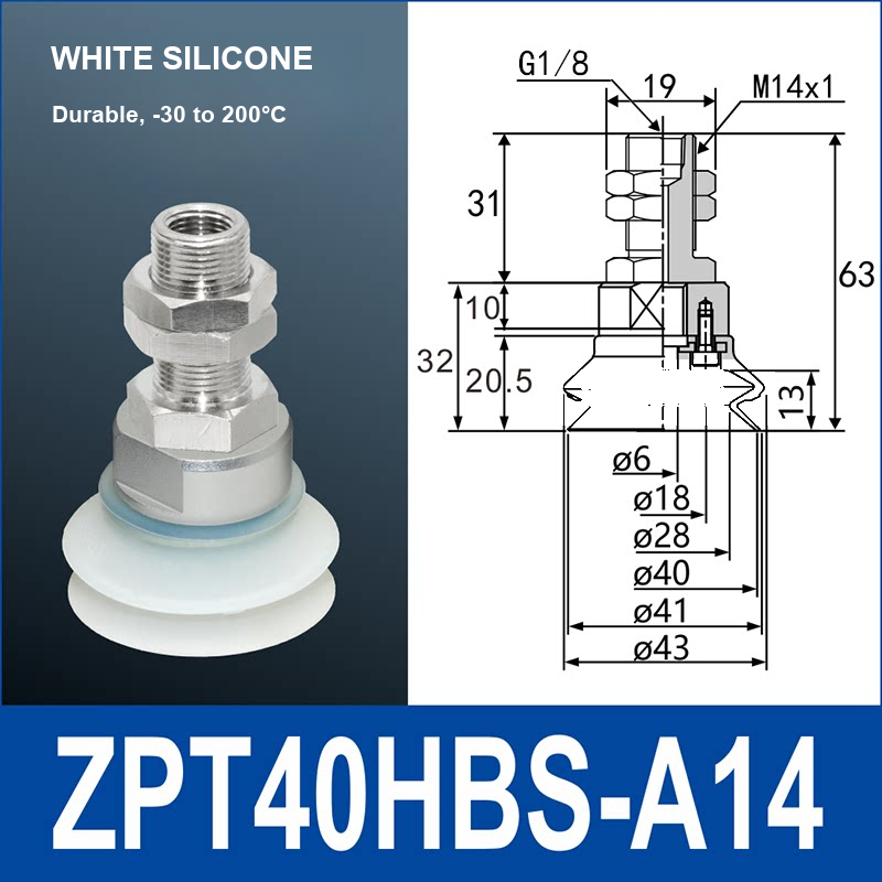 ZPT40HBS-A14 heavy-duty vacuum suction cup with fitting and technical dimensions