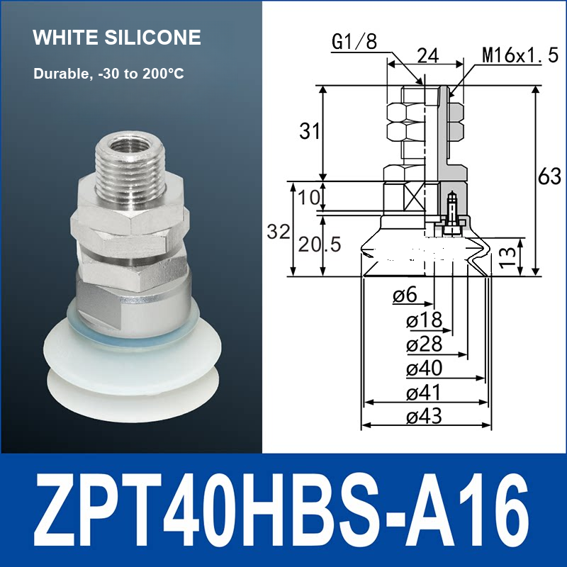 ZPT40HBS-A16 heavy-duty vacuum suction cup with fitting and technical dimensions