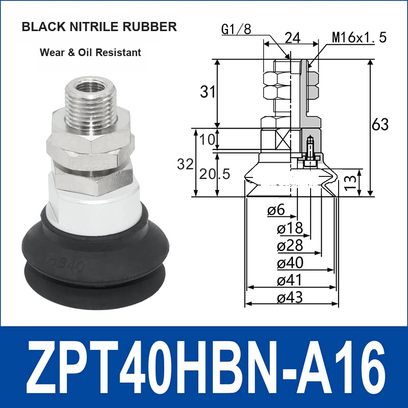 ZPT40HBN-A16 heavy-duty vacuum suction cup with fitting and technical dimensions