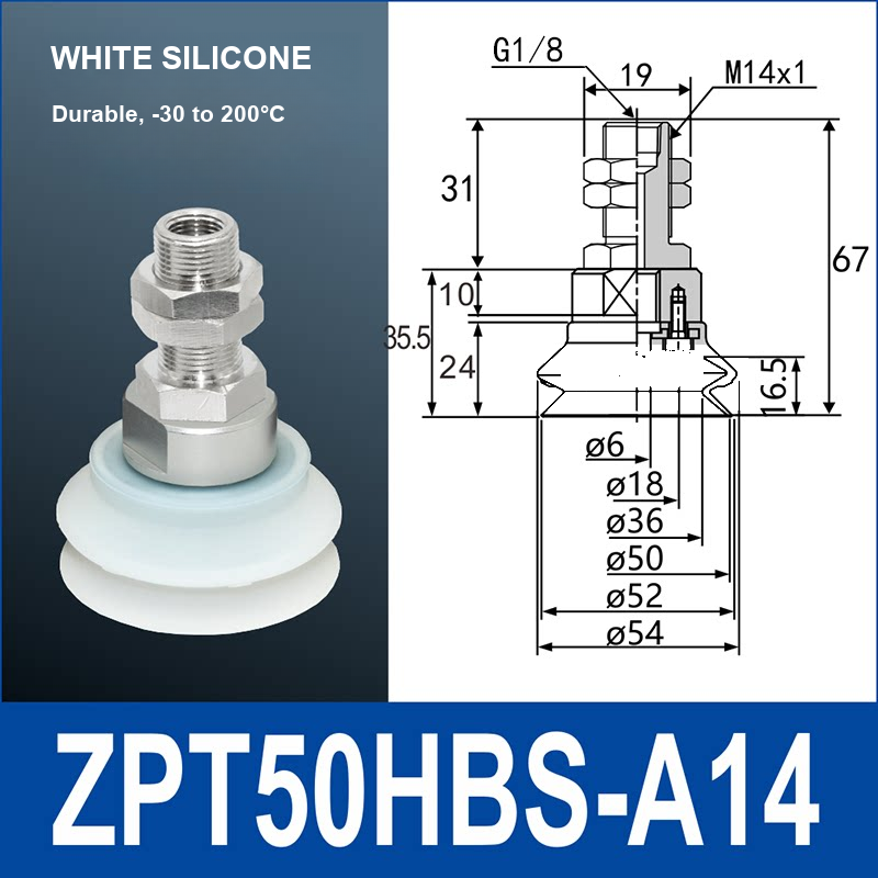 ZPT50HBS-A14 heavy-duty vacuum suction cup with fitting and technical dimensions