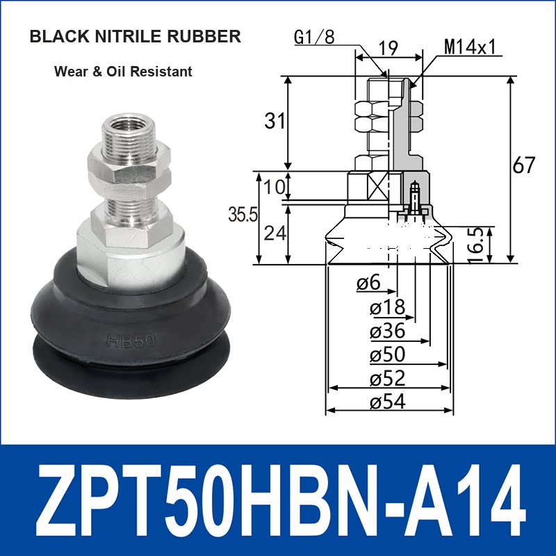 ZPT50HBN-A14 heavy-duty vacuum suction cup with fitting and technical dimensions