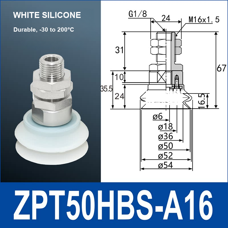 ZPT50HBS-A16 heavy-duty vacuum suction cup with fitting and technical dimensions