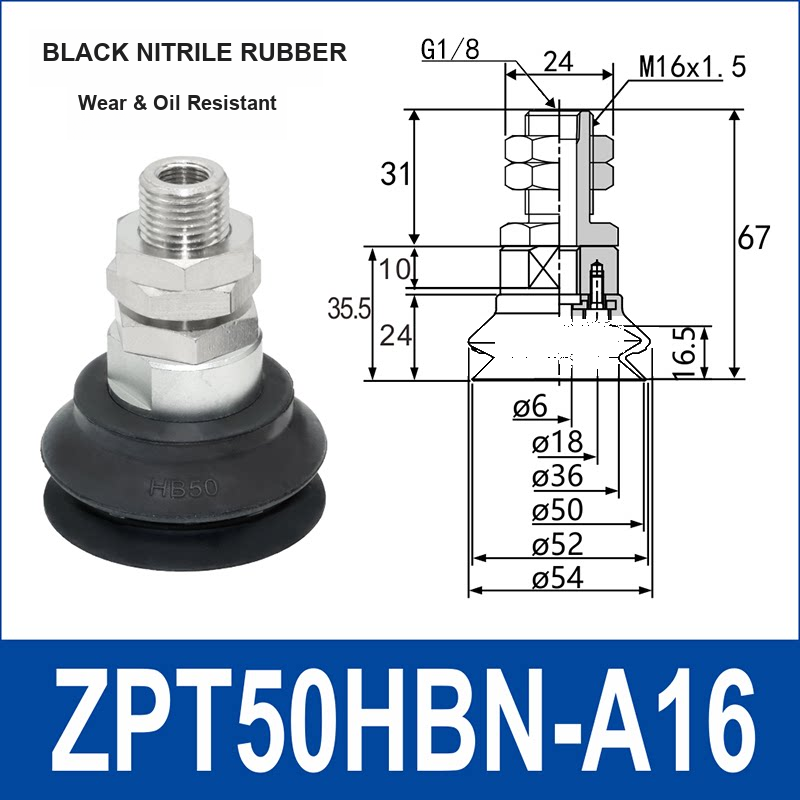 ZPT50HBN-A16 heavy-duty vacuum suction cup with fitting and technical dimensions