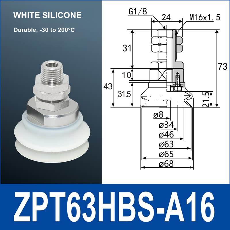 ZPT63HBS-A16 heavy-duty vacuum suction cup with fitting and technical dimensions