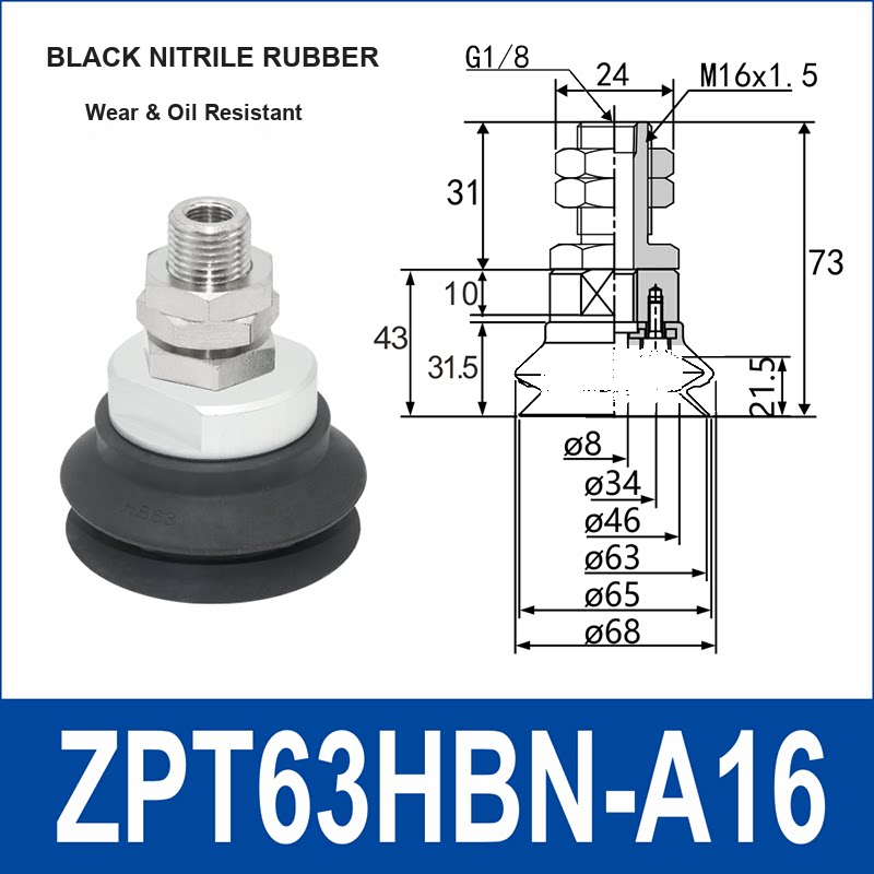 ZPT63HBN-A16 heavy-duty vacuum suction cup with fitting and technical dimensions