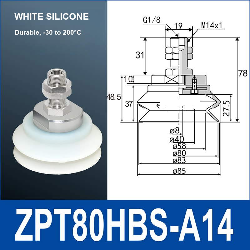 ZPT80HBS-A14 heavy-duty vacuum suction cup with fitting and technical dimensions