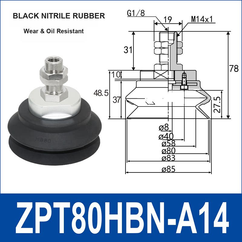 ZPT80HBN-A14 heavy-duty vacuum suction cup with fitting and technical dimensions