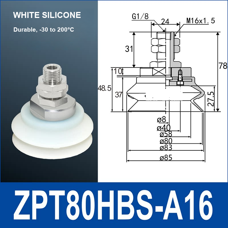 ZPT80HBS-A16 heavy-duty vacuum suction cup with fitting and technical dimensions