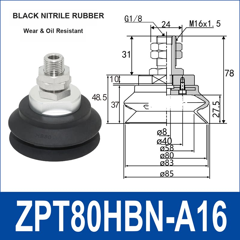ZPT80HBN-A16 heavy-duty vacuum suction cup with fitting and technical dimensions