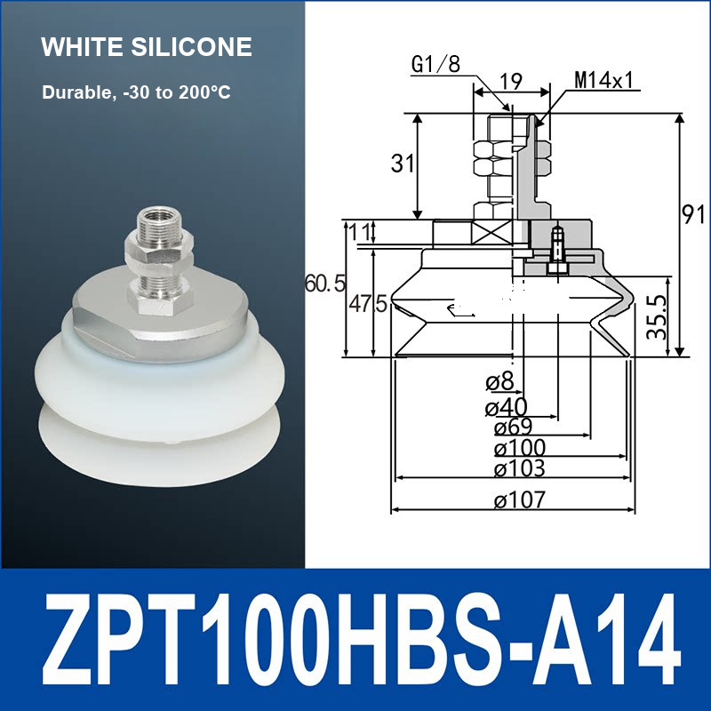 ZPT100HBS-A14 heavy-duty vacuum suction cup with fitting and technical dimensions