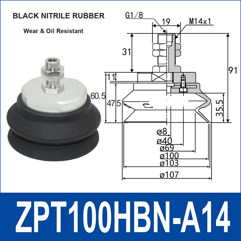 ZPT100HBN-A14 heavy-duty vacuum suction cup with fitting and technical dimensions