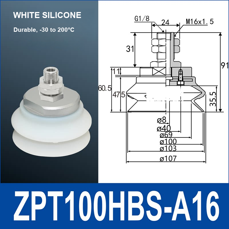 ZPT100HBS-A16 heavy-duty vacuum suction cup with fitting and technical dimensions