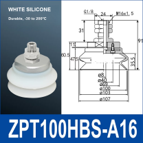 ZPT100HBS-A16 heavy-duty vacuum suction cup with fitting and technical dimensions