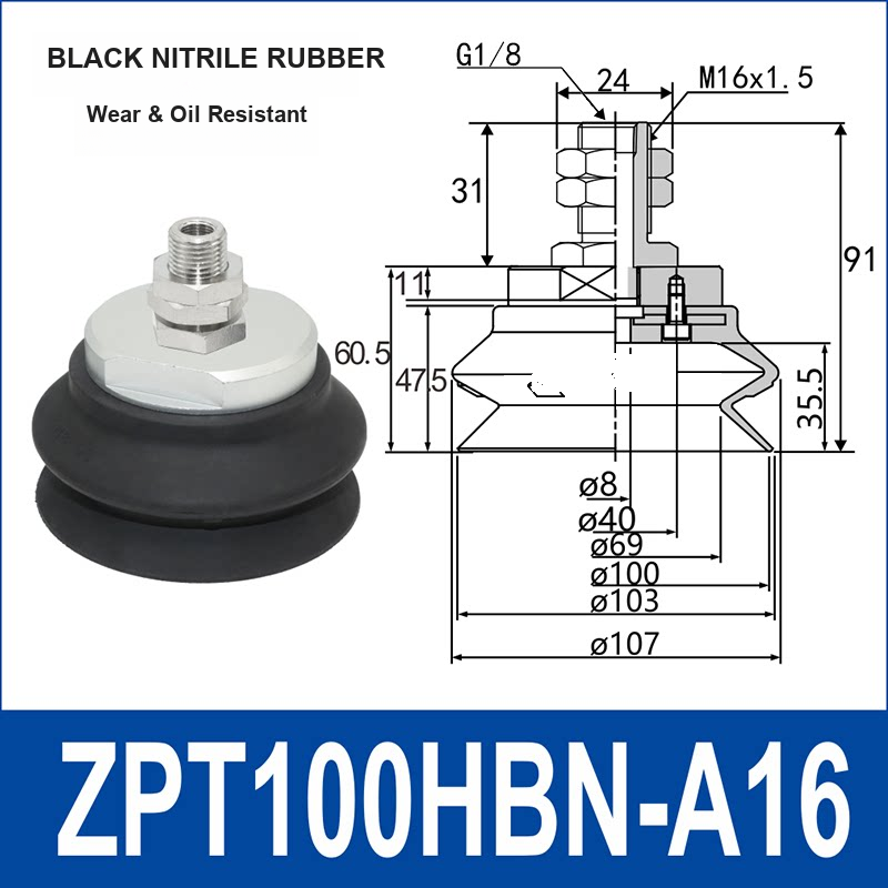 ZPT100HBN-A16 heavy-duty vacuum suction cup with fitting and technical dimensions