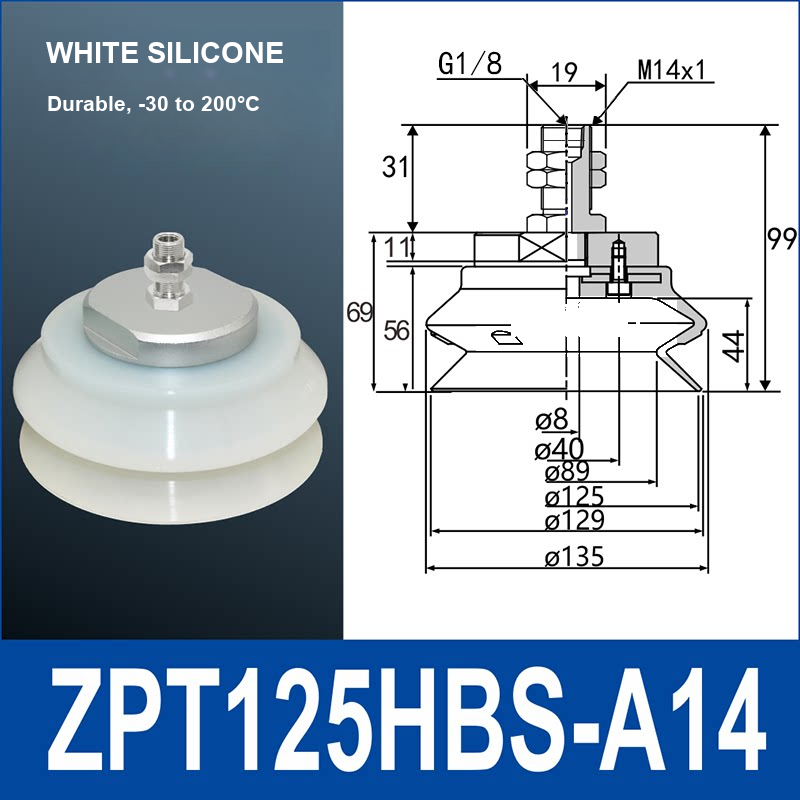 ZPT125HBS-A14 heavy-duty vacuum suction cup with fitting and technical dimensions