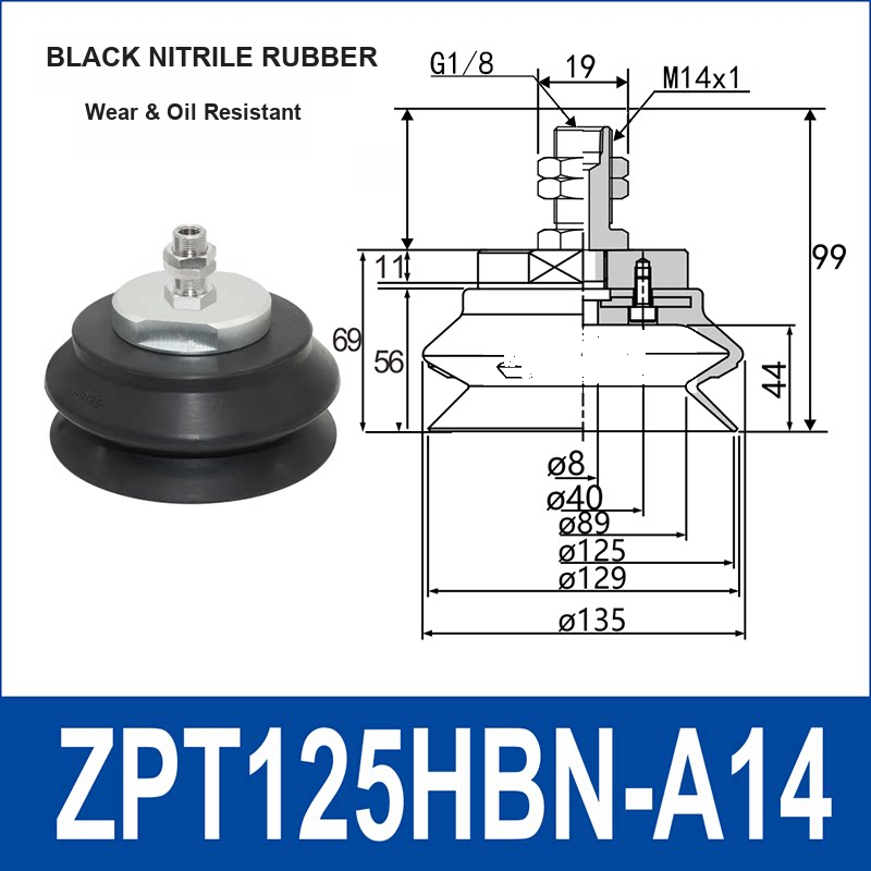 ZPT125HBN-A14 heavy-duty vacuum suction cup with fitting and technical dimensions