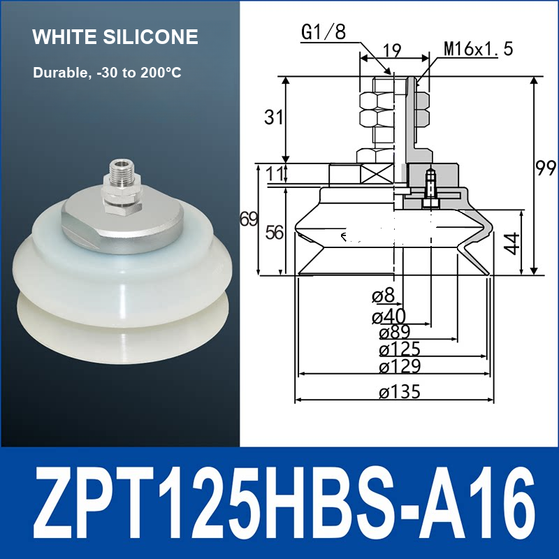 ZPT125HBS-A16 heavy-duty vacuum suction cup with fitting and technical dimensions