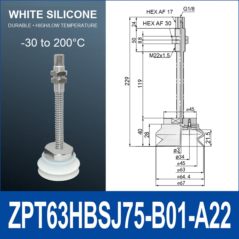 ZPT63HBS-J75-B01-A22 heavy-duty spring-loaded vacuum cup holder, 63 mm cup, white silicone, 75 mm stroke, with technical drawing