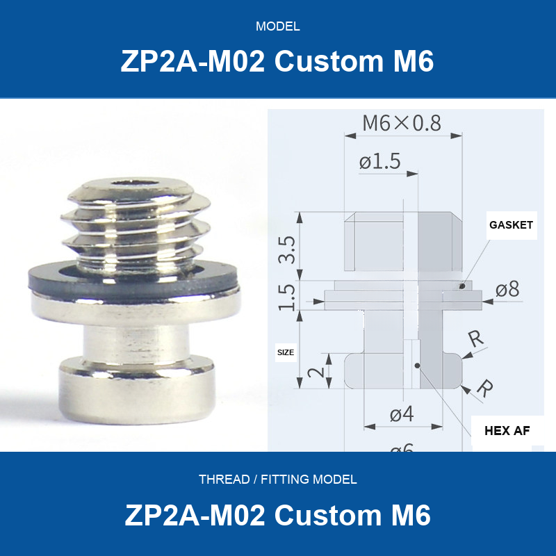 ZP2A-M02 Custom M6 threaded vacuum cup mount fitting with product view and dimensional drawing
