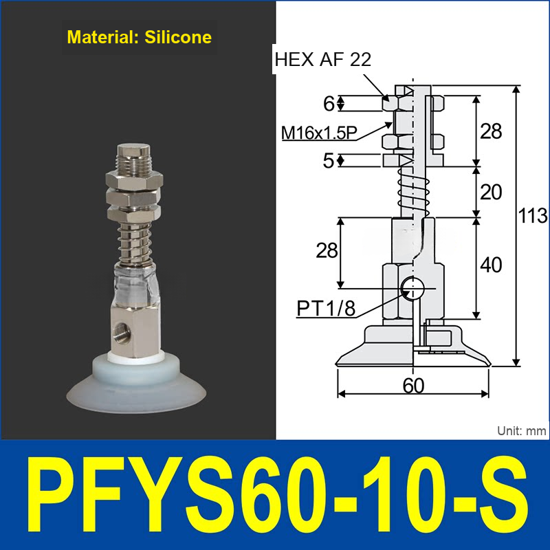 PFYS-60-10-S – Ø60 mm, 10 mm Stroke, Silicone, translucent white silicone spring-loaded vacuum cup assembly, M16 x 1.5 mount, PT1/8 port, 22 mm hex, with dimensions