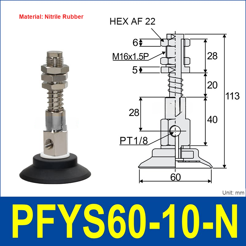 PFYS-60-10-N – Ø60 mm, 10 mm Stroke, Nitrile Rubber, black nitrile rubber spring-loaded vacuum cup assembly, M16 x 1.5 mount, PT1/8 port, 22 mm hex, with dimensions