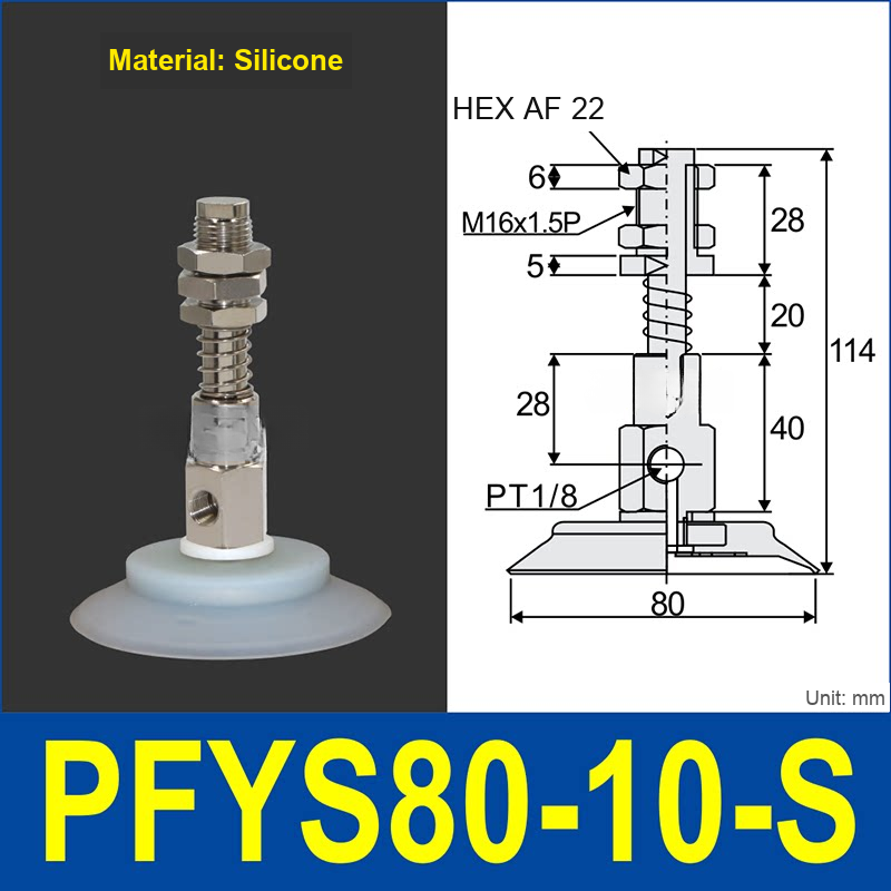 PFYS-80-10-S – Ø80 mm, 10 mm Stroke, Silicone, translucent white silicone spring-loaded vacuum cup assembly, M16 x 1.5 mount, PT1/8 port, 22 mm hex, with dimensions