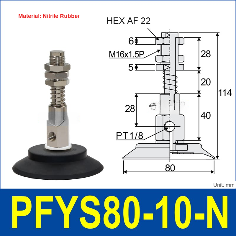 PFYS-80-10-N – Ø80 mm, 10 mm Stroke, Nitrile Rubber, black nitrile rubber spring-loaded vacuum cup assembly, M16 x 1.5 mount, PT1/8 port, 22 mm hex, with dimensions
