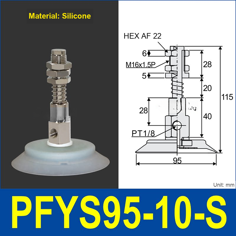 PFYS-95-10-S – Ø95 mm, 10 mm Stroke, Silicone, translucent white silicone spring-loaded vacuum cup assembly, M16 x 1.5 mount, PT1/8 port, 22 mm hex, with dimensions