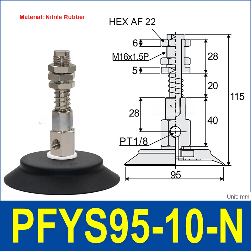 PFYS-95-10-N – Ø95 mm, 10 mm Stroke, Nitrile Rubber, black nitrile rubber spring-loaded vacuum cup assembly, M16 x 1.5 mount, PT1/8 port, 22 mm hex, with dimensions
