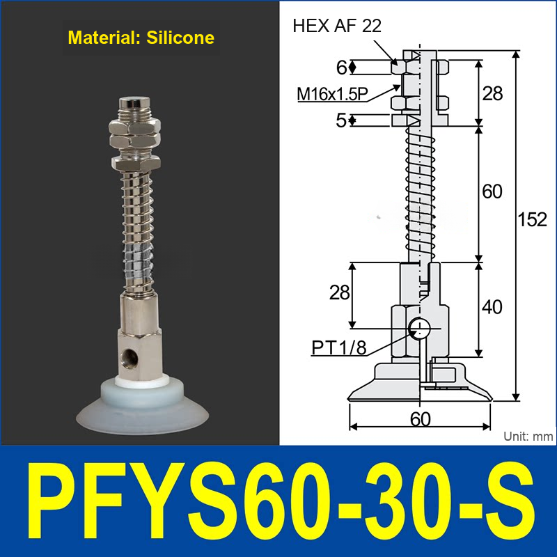 PFYS-60-30-S – Ø60 mm, 30 mm Stroke, Silicone, translucent white silicone spring-loaded vacuum cup assembly, M16 x 1.5 mount, PT1/8 port, 22 mm hex, with dimensions