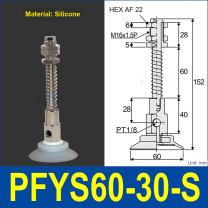 PFYS-60-30-S – Ø60 mm, 30 mm Stroke, Silicone, translucent white silicone spring-loaded vacuum cup assembly, M16 x 1.5 mount, PT1/8 port, 22 mm hex, with dimensions
