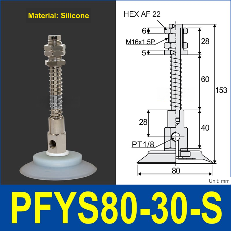 PFYS-80-30-S – Ø80 mm, 30 mm Stroke, Silicone, translucent white silicone spring-loaded vacuum cup assembly, M16 x 1.5 mount, PT1/8 port, 22 mm hex, with dimensions