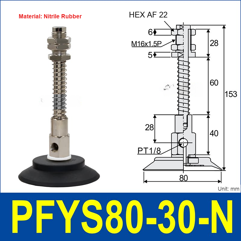 PFYS-80-30-N – Ø80 mm, 30 mm Stroke, Nitrile Rubber, black nitrile rubber spring-loaded vacuum cup assembly, M16 x 1.5 mount, PT1/8 port, 22 mm hex, with dimensions